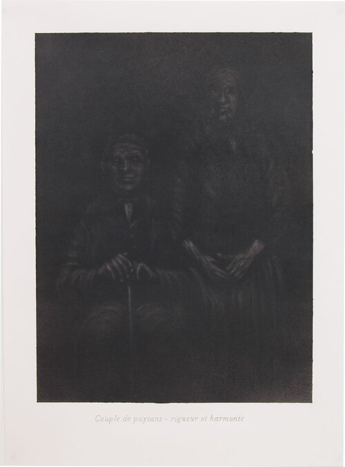 Couple de paysans, rigueur et harmonie, 2017. Fusain, pastel et graphite sur papier, 40,5x29,5 cm.