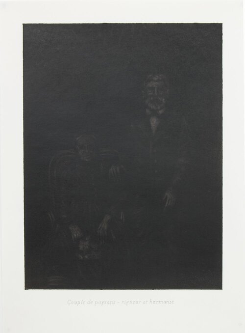 Couple de paysans, rigueur et harmonie 2, 2017. Fusain, pastel et graphite sur papier, 40,5x29,5 cm.