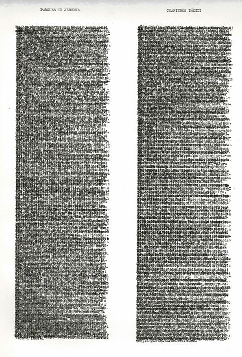 Paroles de Jérémie, Chapitre I-XIII, 2021, 56x38 cm, tapuscrit sur papier, quadriptyque (détail). 