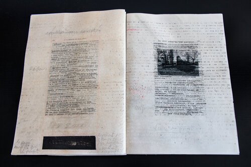 Palimpseste, 2019, fusain, graphite, tirage photographique et encre sur feuille de parchemin, diptyque, 30x21 cm.