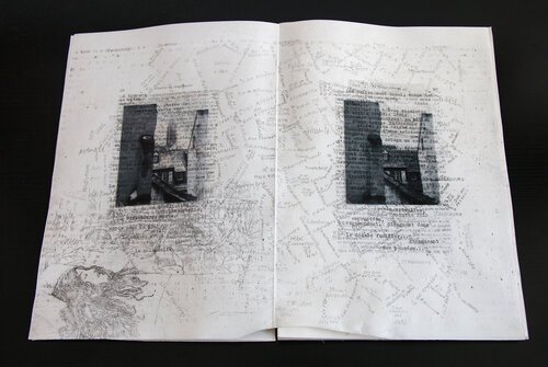 Palimpseste, 2018, photographies, graphite et encre dactylographiée sur peau de parchemin, 30x42 cm.