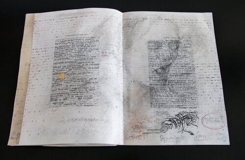 Palimpseste, 2019, feuille d'or, tapuscrit, graphite, crayon de couleur et encre de chine sur feuille de parchemin, 30x42 cm.