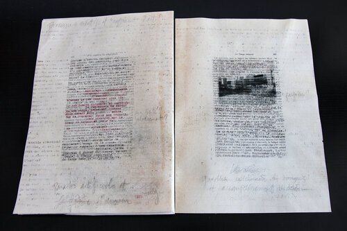 Palimpseste, 2019, tirage photographique, graphite et encre sur feuille de parchemin, diptyque, 30x21 cm.